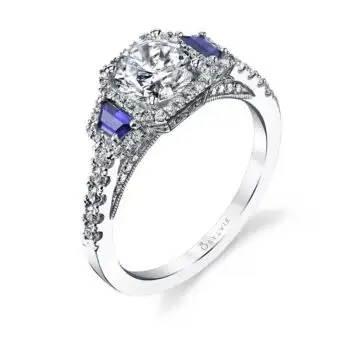 White Gold Three Stone Engagement Ring with Sapphires and Baguettes - Apolline