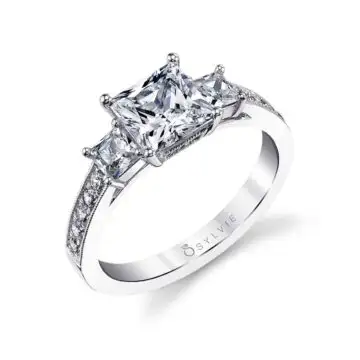 White Gold Princess Cut Three Stone Engagement Ring With Princess Side Stones - Eva