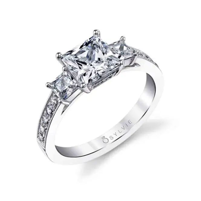 White Gold Princess Cut Three Stone Engagement Ring With Princess Side Stones