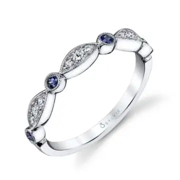 White Gold Blue Sapphire and Diamond Vintage Wedding Band - Talia