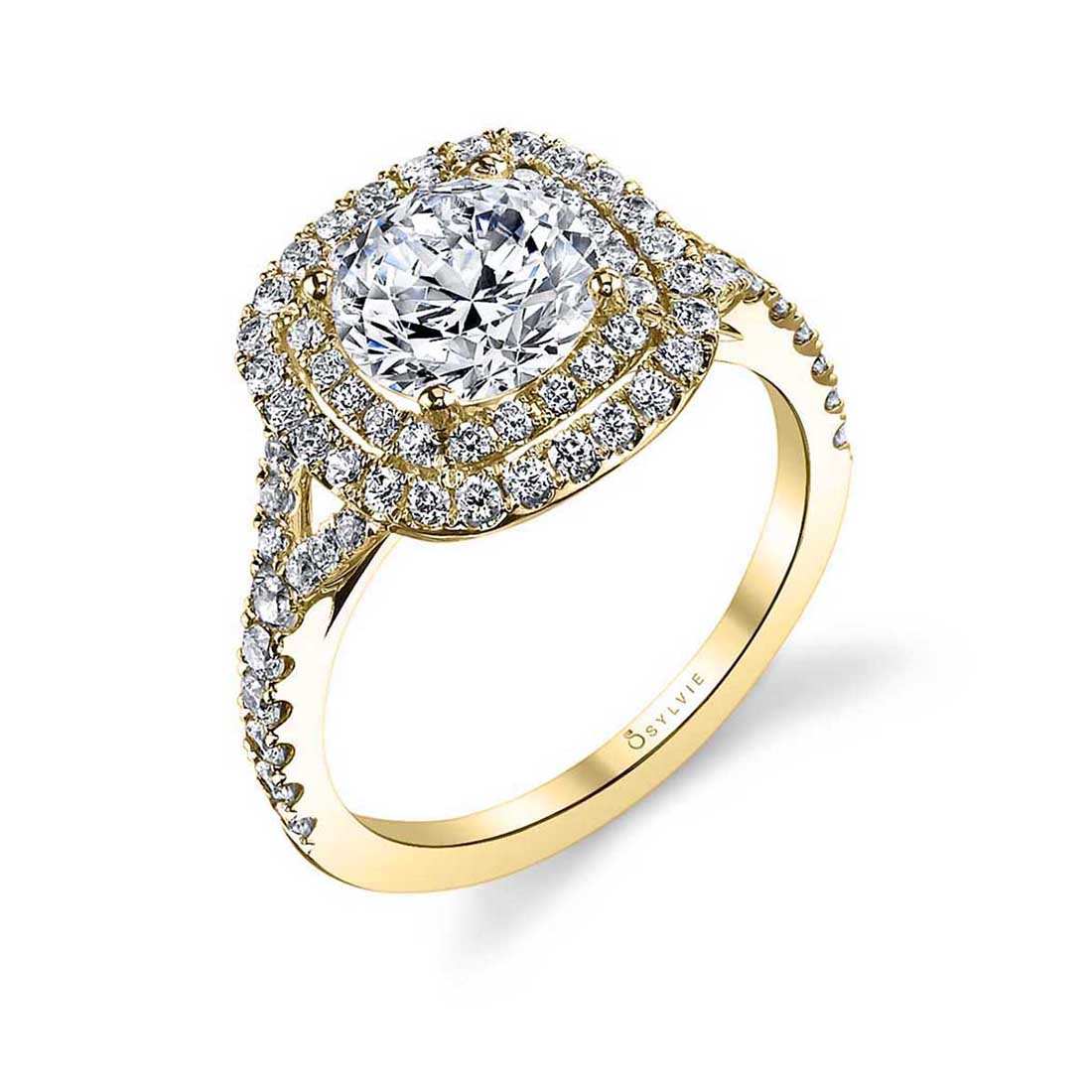 Round Cushion Cut Double Halo Engagement Ring - Marielle - Sylvie Jewelry