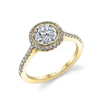 White Gold Round Cut Modern Bezel Halo Engagement Ring - Anita