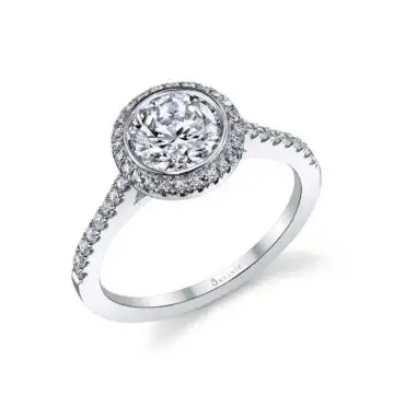 White Gold Round Cut Modern Bezel Halo Engagement Ring - Anita