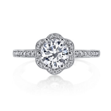 White Gold Round Cut Flower Halo Engagement Ring - Lilian