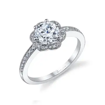 White Gold Round Cut Flower Halo Engagement Ring - Lilian