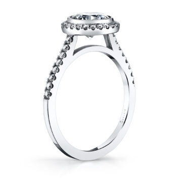 White Gold Round Cut Modern Bezel Halo Engagement Ring - Anita