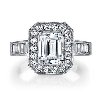 White Gold Emerald Cut Vintage Inspired Engagement Ring with Baguettes - Adele