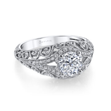 White Gold Round Cut Modern Vintage Engagement Ring - Alyssandra