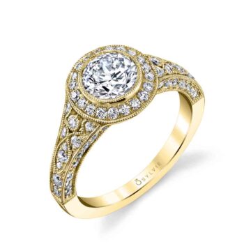 White Gold Round Cut Modern Vintage Bezel Engagement Ring - Karoline