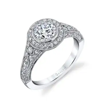 White Gold Round Cut Modern Vintage Bezel Engagement Ring - Karoline