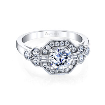 White Gold Round Cut Modern Vintage Engagement Ring - Francesca