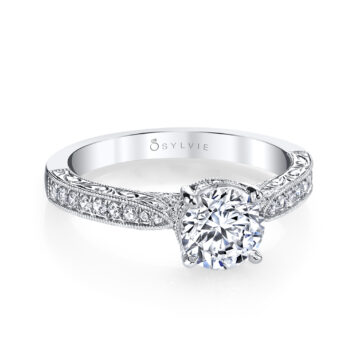 White Gold Round Cut Modern Vintage Engagement Ring - Envie