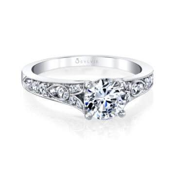 White Gold Round Cut Vintage Inspired Engagement Ring - Chereen