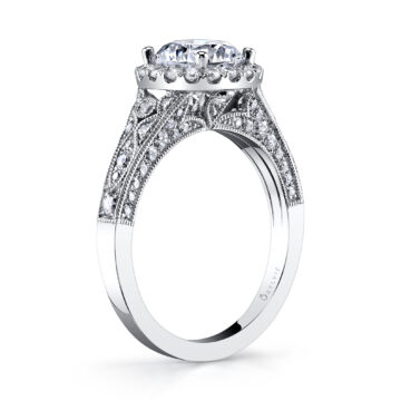 White Gold Round Cut Modern Vintage Halo Engagement Ring - Cheri