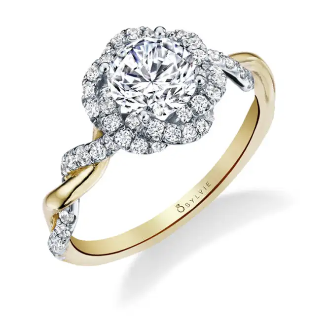 Yellow Gold Round Cut Spiral Halo Two Tone Engagement Ring