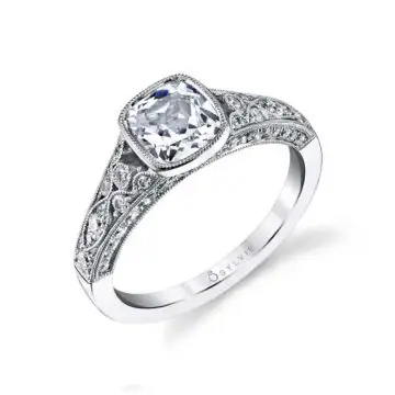 White Gold Cushion Cut Modern Vintage Bezel Engagement Ring - Barbara