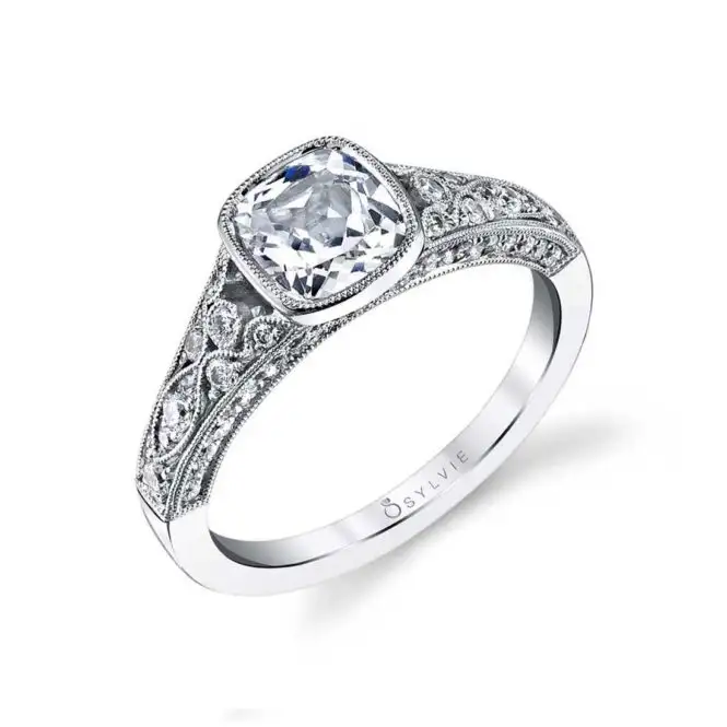 White Gold Cushion Cut Modern Vintage Bezel Engagement Ring