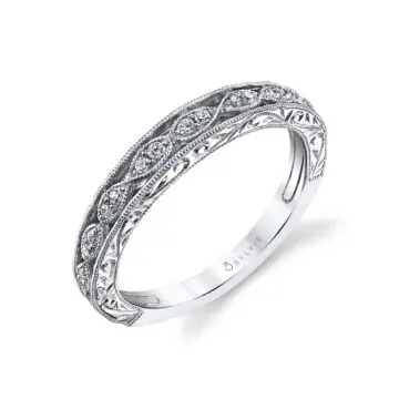 White Gold Vintage Inspired Wedding Band with Hand Engraving - Justeen