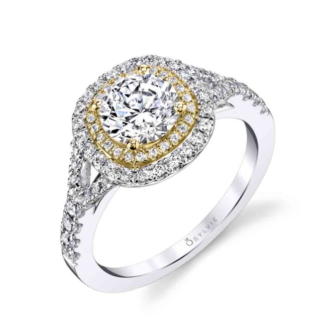 Yellow Gold Round Cut Two Tone Double Cushion Halo Engagement Ring