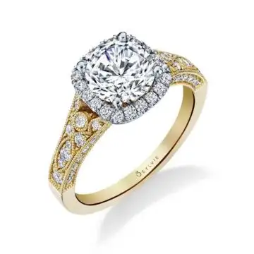 White Gold/Yellow Gold Round Cut Modern Vintage Two Tone Cushion Halo Engagement Ring - Cheri