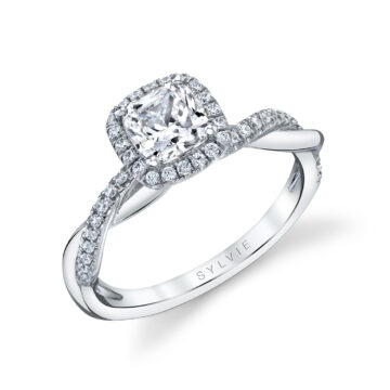 White Gold Cushion Cut Two Tone Modern Halo Diamond Spiral Engagement Ring - Coralie