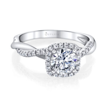 White Gold Cushion Cut Two Tone Modern Halo Diamond Spiral Engagement Ring - Coralie