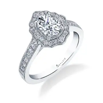 White Gold Oval Cut Vintage Inspired Flower Engagement Ring - Michaela