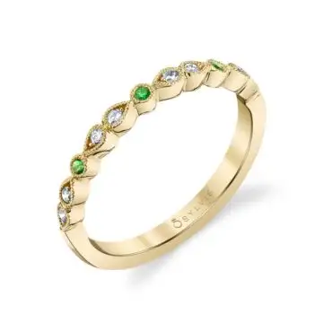 Yellow Gold Diamond and Green Emerald Wedding Band - Elena