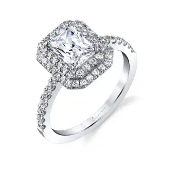 White Gold Emerald Cut Double Halo Engagement Ring - Claudia