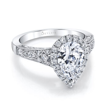 White Gold Pear Shaped Vintage Halo Engagement Ring - Seraphina