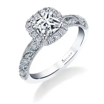 White Gold Cushion Cut Vintage Engagement Ring - Rochelle