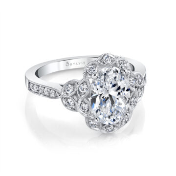 White Gold Oval Cut Floral Inspired Engagement Ring - Candide