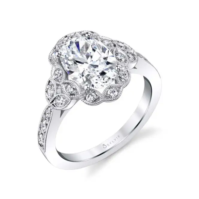 White Gold Oval Cut Floral Inspired Engagement Ring