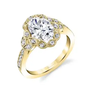 White Gold Oval Cut Floral Inspired Engagement Ring - Candide