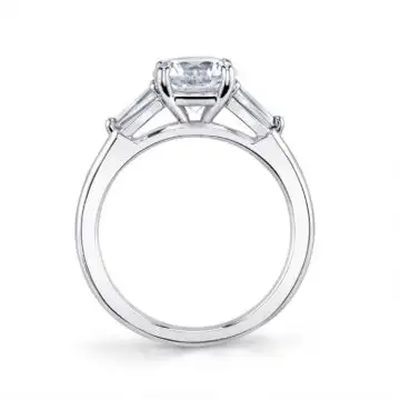 White Gold Round Cut Three Stone Engagement Ring with Baguettes