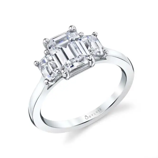 White Gold Emerald Cut Three Stone Engagement Ring