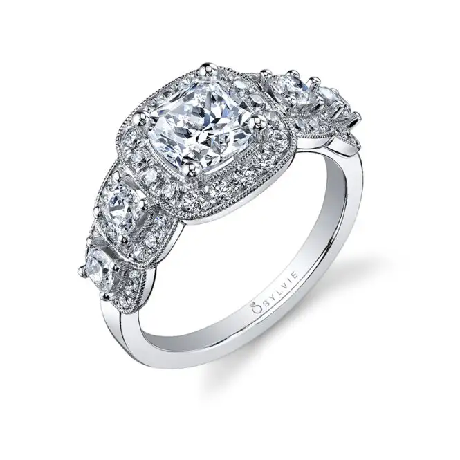 White Gold Cushion Cut Vintage Inspired Five Stone Engagement Ring Profile View