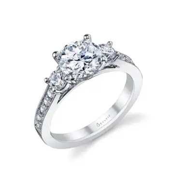 White Gold Round Cut Vintage Inspired Three Stone Engagement Ring - Noella