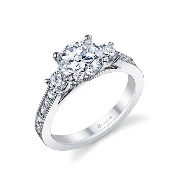 White Gold Round Cut Vintage Inspired Three Stone Engagement Ring