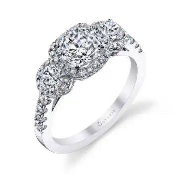 Round Cut Three Stone Cushion  Halo Engagement Ring - Bianca