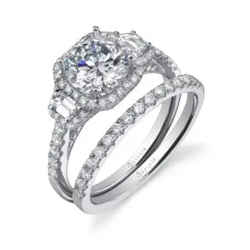 White Gold Round Cut Three Stone Engagement Ring with Baguette Diamonds - Paris