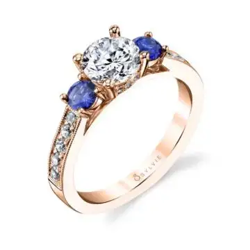 White Gold Round Cut Three Stone Sapphire Engagement Ring - Lola