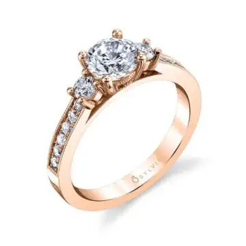 White Gold Round Cut Three Stone Engagement Ring with Milgrain Detail - Bianca