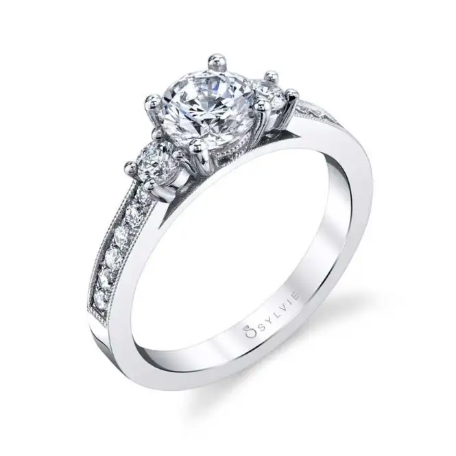 White Gold Round Cut Three Stone Engagement Ring with Milgrain Detail Profile View