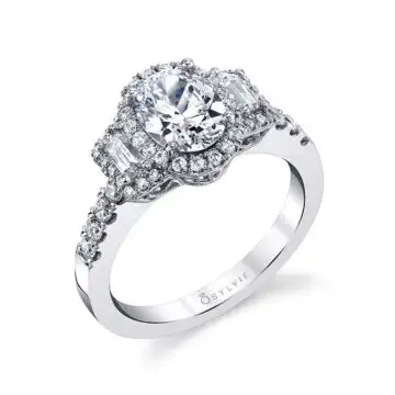 White Gold Oval Cut Three Stone Halo Engagement Ring with Baguettes - Vicky