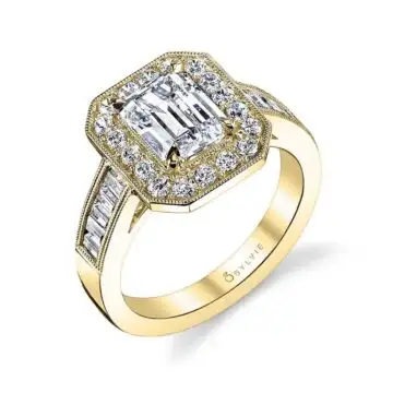 White Gold Emerald Cut Vintage Inspired Engagement Ring with Baguettes - Adele