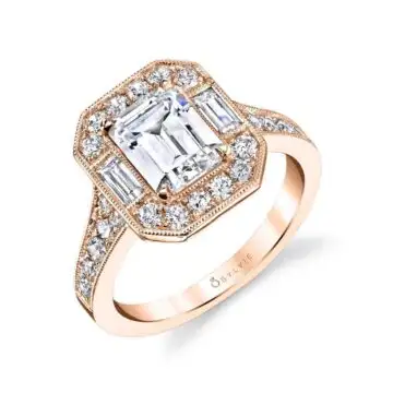 White Gold Emerald Cut Modern Vintage Halo Engagement Ring - Cassie