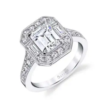 White Gold Emerald Cut Modern Vintage Halo Engagement Ring - Cassie