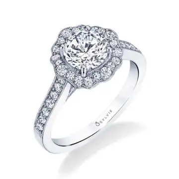 White Gold Round Cut Vintage Inspired Flower Engagement Ring - Michaela