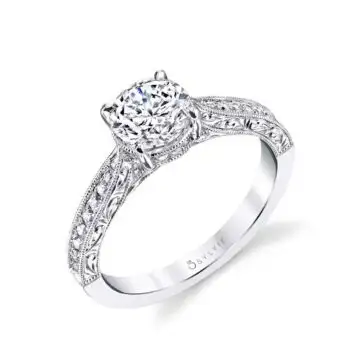 White Gold Round Cut Modern Vintage Engagement Ring - Envie